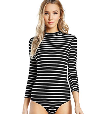 DIDK Women's Mock Neck Slim Striped 3/4 Sleeve Bodysuit