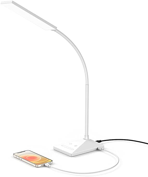 Vansuny LED Desk Lamp with USB Charging Port, Eye-Caring, 5 Color Modes,6 Brightness Levels, Touch Control, Flexible Gooseneck, Memory Function for Dorm Office Work Bedroom (12W,White)