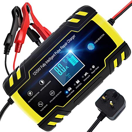 BUDDYGO Car Battery Charger, 12V/24V 8Amp Intelligent Automatic Battery Charger/Maintainer Delivers 3 Stage Charging, with LCD Screen And have 6 Charging Mode, Suitable for More Types of Batteries