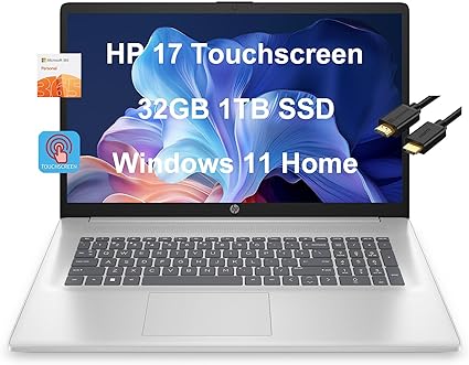 HP 17 Laptop (17.3" HD  Touchscreen, Intel Pentium N5030, 32GB RAM, 1TB SSD, UHD Graphics) Home & Business, 1-Year Office 365, Long Battery Life, Webcam, Numpad, IST HDMI, Win 11 Home, Silver