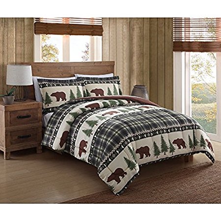 3 Piece Southwest Cabin Brown Bear Comforter Full Queen Set, Forest Woods Hunting Themed Bedding, Outdoors Log Lodge Nature Print, Green Plaid, Pine Trees, Southern Cottage Pattern, Wilderness Game