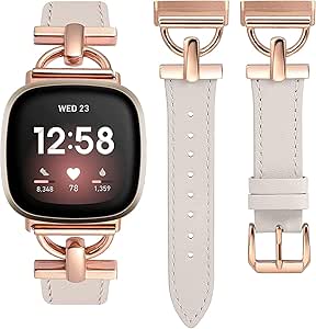 Wearlizer Compatible with Fitbit Sense Bands/Sense 2 Bands/Versa 3 Bands/Versa 4 Bands Women, Dressy Genuine Leather with D-Shape Metal Buckle Wristband Strap Bracelet for Fitbit Versa 3 Bands for Women, Starlight/Rose Gold