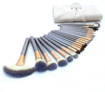 24 Piece Brush Set  Horse Hair Professional Kabuki Makeup Brush Set Cosmetics Foundation Makeup Brushes Set Kits with White Cream-colored Case Bag