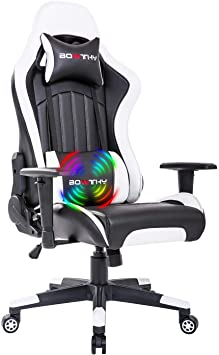 Bowthy Massage Gaming Chair Large Size Computer Ergonomic Game Chair Heavy Duty Big and Tall Gamer Chair Racing Style Headrest and Lumbar Support (White)