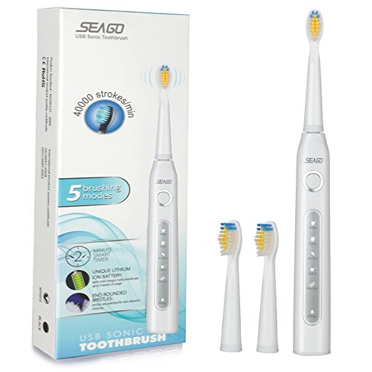 Electric Toothbrush Rechargeable Sonic Toothbrush 4 Hours Charge Minimum 30 Days Use with 3 Replacement Heads 5 Optional Modes Achieve Whiter Healthier Teeth Water Proof white by SEAGO