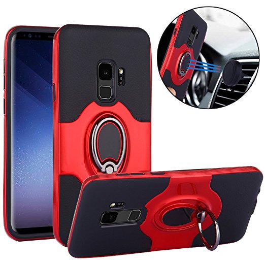 Galaxy S9 Case, Slim Drop Protection Cover, IMPROVED Ring Grip Holder Stand, Back Magnetic Circle With Air Vent Magnetic Car Vent Mount For Samsung Galaxy S9 (2018) - Red