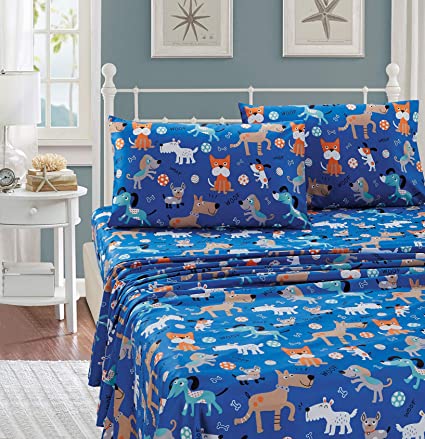 Better Home Style Playing Puppy Blue Kids/Boys/Toddler 3 Piece Sheet SetWith Woof Woof Wagging Dogs Pups and Puppies Includes Pillowcase Flat and Fitted Sheets # Blue Dog (Twin)