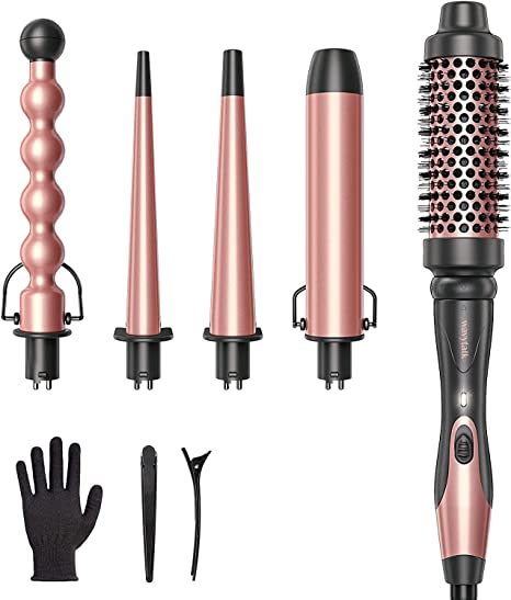 Wavytalk Curling Wand Set 5 in 1 Curling Iron Included Curling Brush, Dual Voltage Hair Curler with 5 Ceramic Interchangeable Barrels, Hair Wand Covered 0.35 inch to 1.5 inch with Heat Protective Glove and Two Hair Clips, Rose Gold