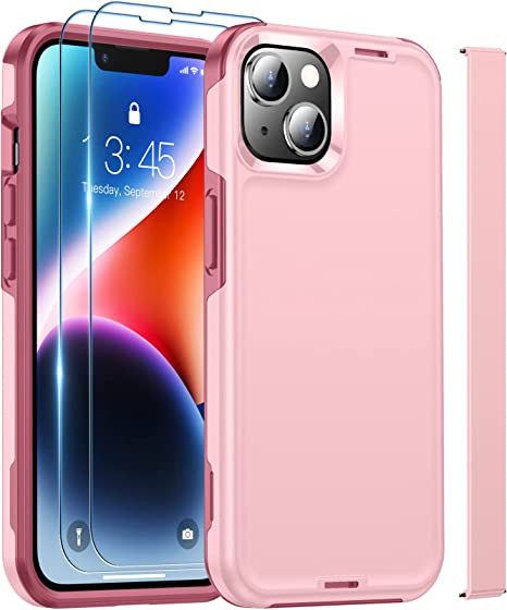 kurdene for iPhone 13 case for iPhone 14 case with [2 Pack Glass Screen Protector][Military Grade Drop Protection][Non-Slip] Full Body Heavy Duty Shockproof Phone Case Cover 6.1'' Pink