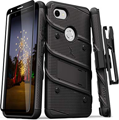 ZIZO Bolt Series Google Pixel 3a Case | Heavy-Duty Military-Grade Drop Protection w/Kickstand Included Belt Clip Holster Tempered Glass Lanyard (Black/Black)