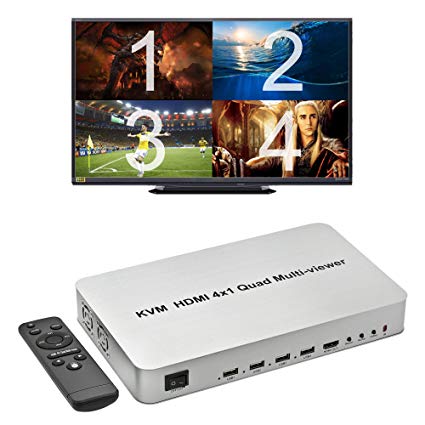 Expert Connect 4 Ports Quad HDMI KVM Multi-Viewer/Screen Divider/Switch | 1080p @ 60Hz | 5 Viewing Modes | USB Switch | Shares 4 USB Devices on 4 Computers