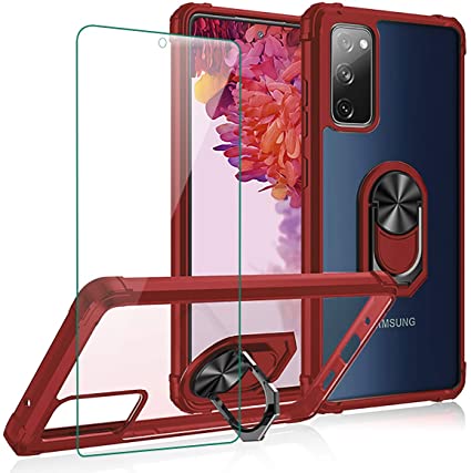 for Samsung Galaxy S20 FE 4G/5G Phone Case DMDMBATH Case for S20 Fan Edition 5G/4G with Ring Holder Screen Protector Kickstand All-Inclusive Thickened Anti-Fall Hard Pc Clear Back Shell Ring Magnetic Car Mount (Red)