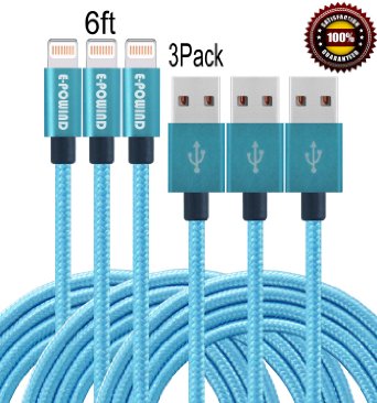 E-POWIND 3PCS 6FT 8Pin Lightning Cable Nylon Braided Extremely Extra Long Charging Cable USB Cord for iphone 6s, 6s plus, 6plus, 6,SE,5s 5c 5,iPad Mini, Air,iPad5,iPod on iOS9.(Light Blue).