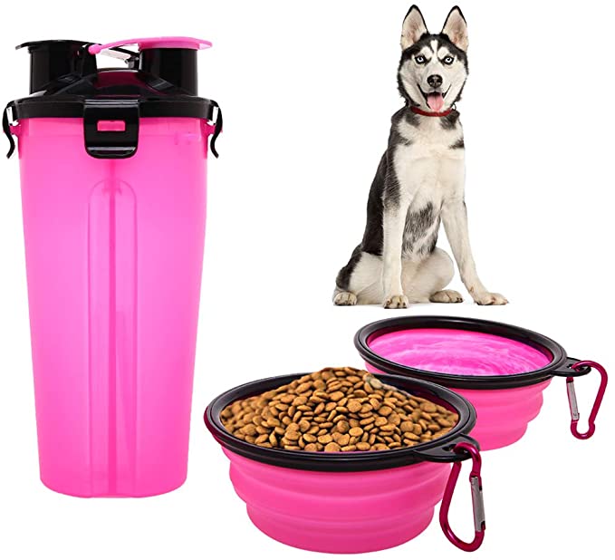 Dog Water Food Bottle for Walking Travelling Hiking Camping 2-In-1 Pet Food Container with 2 Collapsible Dog Bowls Outdoor Travel Water Dispenser Leak Proof Cup Portable Drinking Bottle for Cat Puppy