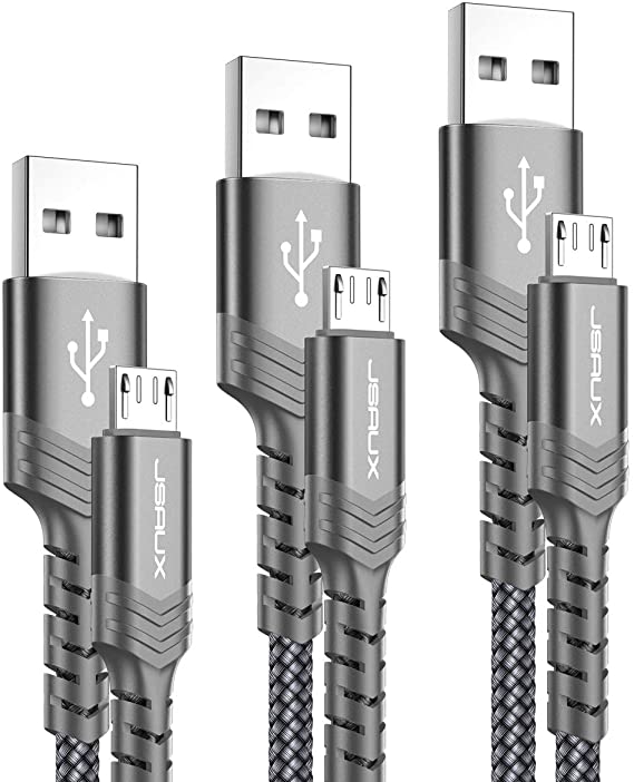 Micro USB Charger Cable, JSAUX (3-Pack 3.3ft 6.6ft 10ft) Android Charger Micro USB to USB A Nylon Braided Cord Compatible with Samsung Galaxy S6 S7 Edge Note 5, Kindle and More-Grey