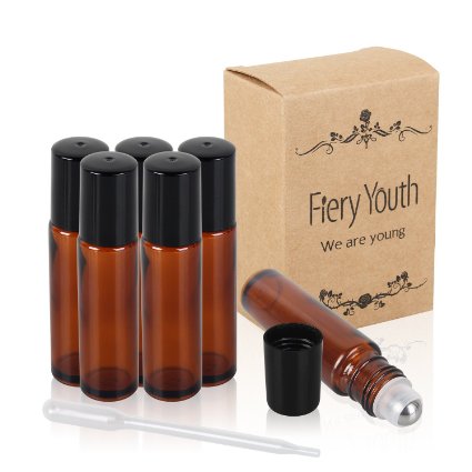 Fiery Youth Brown Glass Roller Bottles for Essential Oils with Stainless Steel Roller Balls, for Perfumes and Lip Balms,Glass Bottles,6 Bottles Set,10m,Aromatherapy Roll on Bottle With Dropper