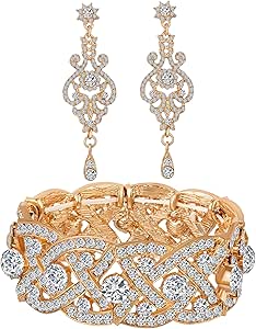 Womens Rhinestone Crystal Wedding Bridal Bridesmaid Tennis Bangles Statement Elastic Stretch Bracelets Rhinestone Chandelier Wedding Bridal Drop Dangle Earrings Jewelry Sets