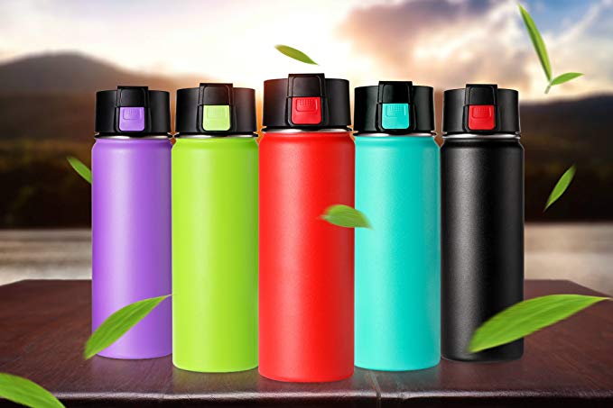 Double wall Vacuum Insulated Stainless Steel Wide Mouth Sports Water Bottle, Leak Proof Coffee Travel Mug with Flip Lid - 600ml,20oz -Purple