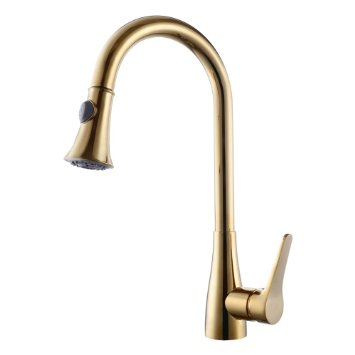 KES Brass Singel Handle Pull Down Kitchen Faucet with Retractable Pull Out Wand, High Arc Swivel Spout, Titanium Gold, L6910-4