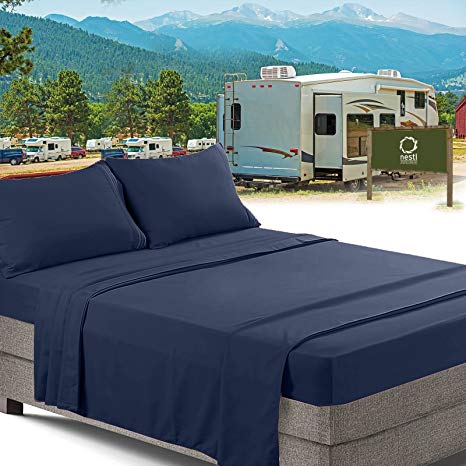 RV/Short Queen Bed Sheets Set Bedding Sheets Set for Campers, 4-Piece Bed Set, Deep Pockets Fitted Sheet, 100% Luxury Soft Microfiber, Hypoallergenic, Cool & Breathable, Navy Blue