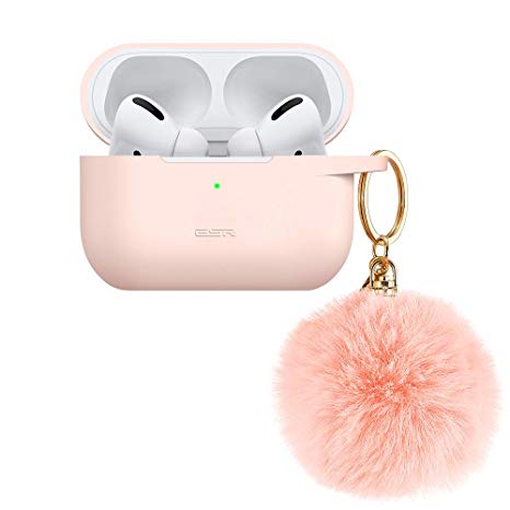 Cute Protective Cover for AirPods Pro Case 2019, Carrying Case for AirPods Pro Charging Case with Fur Pom-Pom Keychain, Shock-Absorbing Silicone Case Skin Visible Front LED, Light Pink