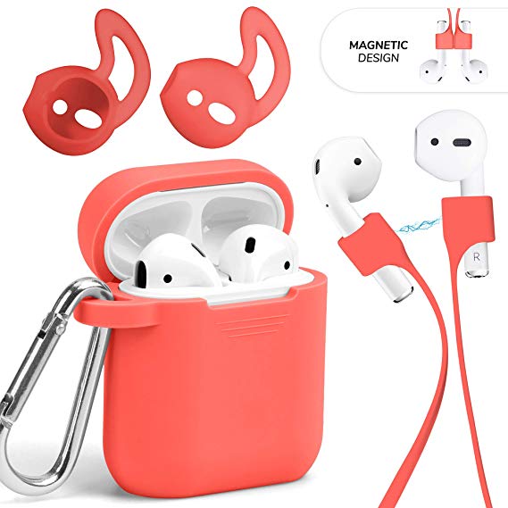 AirPods Case Accessories Kit, GMYLE Silicone Protective Shockproof Wireless Charging Airpod Earbuds Case Cover Skin with Keychain, Ear Hook, Magnetic Strap Set for Apple AirPod 1 & 2 - Orange