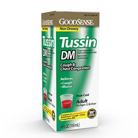 GoodSense Tussin DM Cough Suppressant and Expectorant for Adults Age 12 and Over, Relieves Cough, Chest Congestion and Mucus, 4 Fluid Ounce Cough Syrup, Cherry Flavor