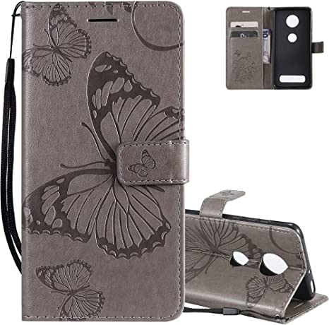 EMAXELERR Motorola Moto Z4 Play Case Shockproof PU Leather Retro 3D Butterfly Embossed Wallet Flip Case Magnetic Stand with Card Slot Folio Cover for Motorola Moto Z4 Play Butterfly Gray KT