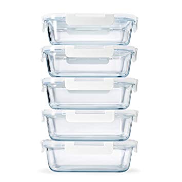 Fit & Fresh Glass Containers, Set of 5, Airtight Seal, Meal Prep, Portion Control, 35.17 oz