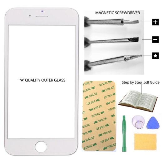 ESSENTIAL SALES4YOU® Apple iPhone 6 6S 4.7" inch Front Outer Screen Glass Lens Replacement Parts   Repair Kit Tool open Cellular Part (WHITE Outer Glass   TOOLS   3M TAPE   GUIDE)