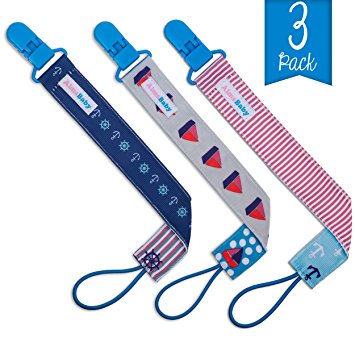 AlmaBaby Pacifier Clip Holders, Boys - Blue Nautical 3 Pack - Universal Safety First Year Gumdrop Clip for Paci Pod, Soothie, Teething Ring, Baby Shower Gifts. No Metal Parts
