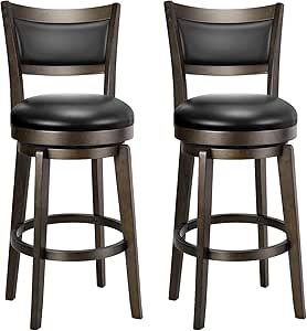 PrimeZone Swivel Bar Stools Set of 2, 26 Inch Counter Height Barstools, Black Faux Leather Bar Stool with High Backrest & Solid Wood Legs & Wrap-around Footrest, Counter Stools for Kitchen Island, Pub