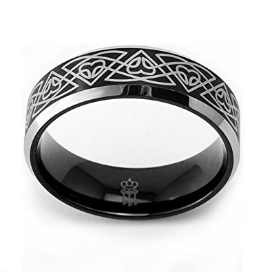 Three Keys Jewelry 8mm Tungsten Carbide Ring Wedding Engagement Band Black Beveled Edge Brushed Engraved Celtic Braid Pattern Size 7-14