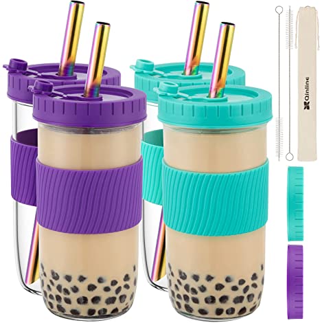 Reusable Boba Cup Bubble Tea Cup 4 Pack, 24Oz Wide Mouth Smoothie Cups with Lid, Silicone Sleeve & Angled Wide Straws, Leakproof Glass Mason Jars Drinking Water Bottle Travel Tumbler for Large Pearl