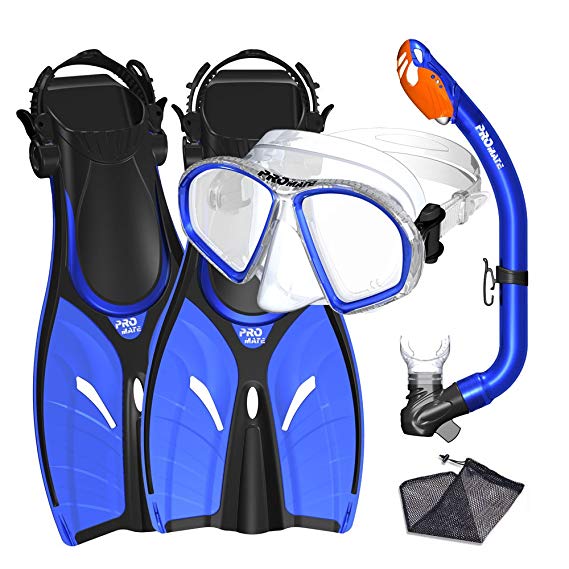 Promate Spectrum Junior Snorkeling Combo Set with Kids Dive Mask, Dry Snorkel with Silicone Mouthpiece, Snorkeling Flippers with Adjustable Fin Straps, Mesh Gear Bag