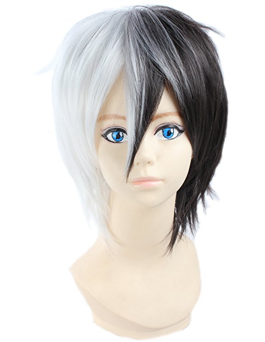 Angelaicos Unisex Two Tone Layered Cosplay Costume Party Wigs Short Black White