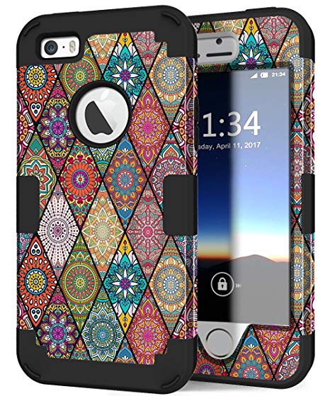 iPhone 5s Case, iPhone SE Case, Hocase Heavy Duty Shockproof Protection Hard Plastic Silicone Rubber Bumper Dual Layer Full-Body Protective Phone Case for iPhone SE/5s/5 - Mandala/Black