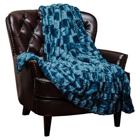 Chanasya Super Soft Cozy Sherpa Fuzzy Fur Warm Blue Throw Blanket - Box Embossed Fur Pattern