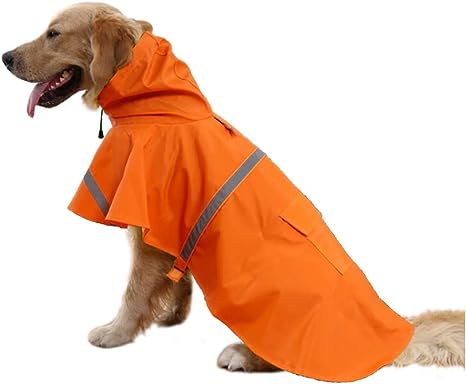 Adjustable Large Dog Raincoat with Strip Reflective - Waterproof Pet Rain Jacket Hoodie Poncho,for Large and Medium Dogs (Orange,M)