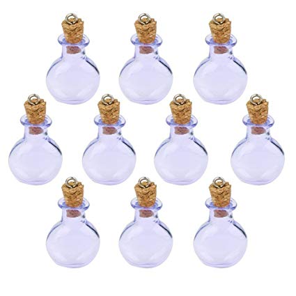 FENICAL 10pcs Mini Tiny Purple Glass Cork Bottles Round Flat Vial Wishing Bottle DIY Pendants for DIY, Arts Crafts, Projects, Decoration, Party Favors