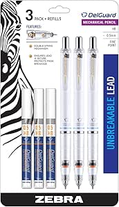 Zebra Pen DelGuard Mechanical Pencil, Fine Point, 0.5mm, White Barrel, Lead Refills, Refillable, 3-Pack Grey 58613