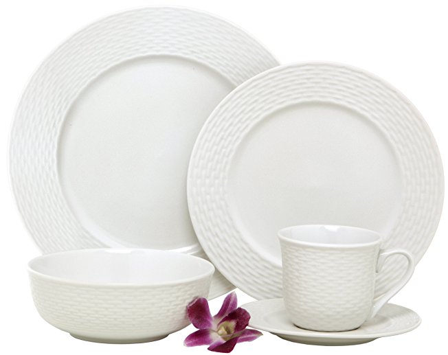 Melange  40-Piece Porcelain Dinnerware Set (Nantucket Weave) | Service for 8 | Microwave, Dishwasher & Oven Safe | Dinner Plate, Salad Plate, Soup Bowl, Cup & Saucer (8 Each)