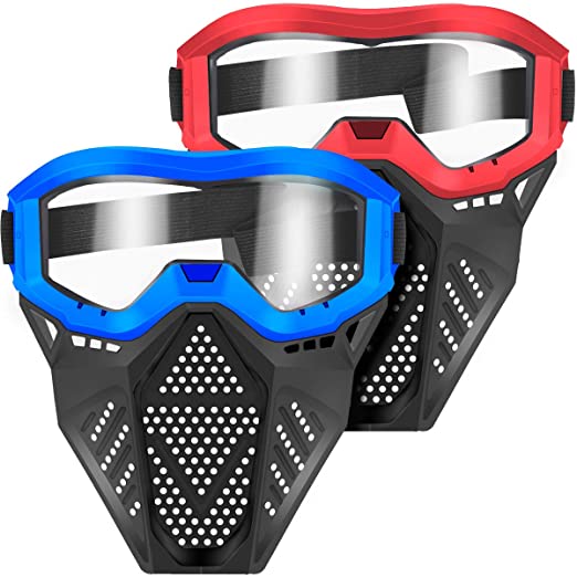 POKONBOY 2 Pack Tactical Face Mask, Detachable Face Mask with Goggles Compatible with Nerf Rival, Apollo, Zeus, Khaos, Atlas, Artemis, and N-Strike Elite Blasters(Red & Blue)