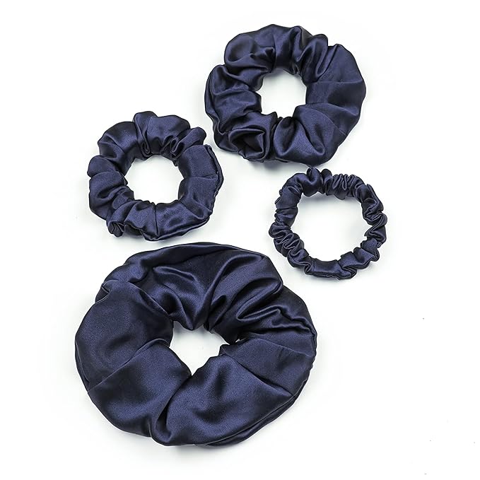 LILYSILK Silk Hair Scrunchies for Frizz & Breakage Prevention 100% Mulberry Silk Hair Ties No Damage Elastic Silk Ponytail Holders, Navy Blue, 4PC