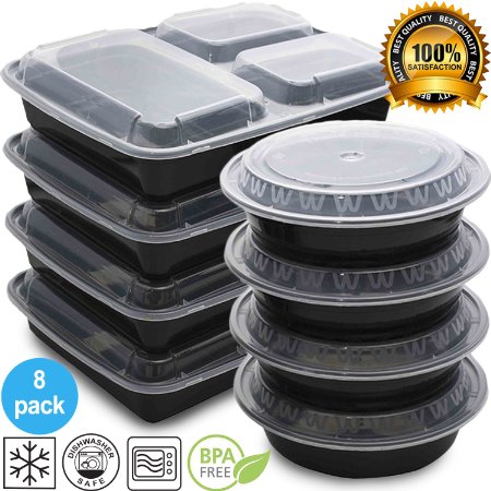 Mixed Meal Prep Containers Set - Bento Lunch Boxes / Restaurant Food Storage - Portion Control - 8pk