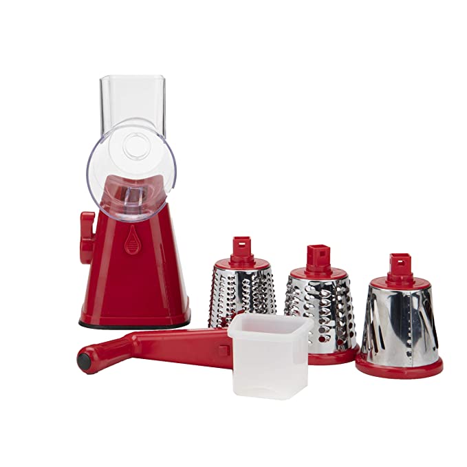 MindReader Rotary Drum Cheese Grater, Vegetable Shredder, Food Slicer and Chopper with Interchangeable Blades, Red, Large
