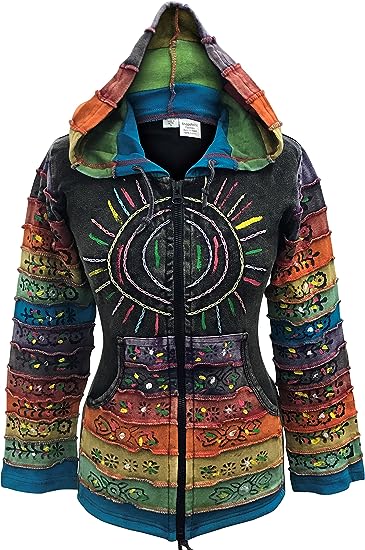 SHOPOHOLIC FASHION Acid Washed Multicolor Patchwork Hoodie, Rainbow Striped Sleeve Hippy Jacket