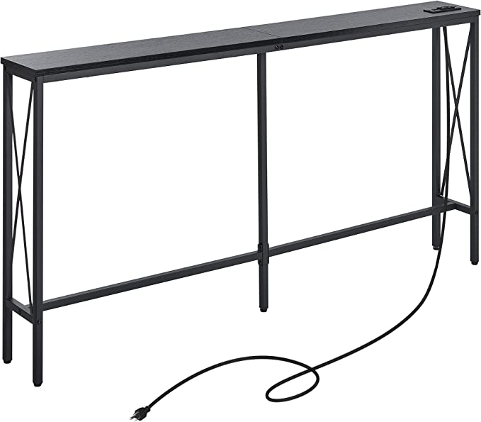 ELYKEN 7.9” Console Table with Power Outlet, 7.9" Dx63 Wx31.5 H Sofa Table for Living Room, Long Slim Entryway Table with 6.5’ Extension Cord, Black Skinny Couch Table with Metal Frame for Hallway