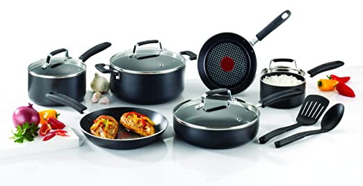 T-fal E821SC Expert Grip Titanium Nonstick Interior Cookware Set, 12-Piece, Black