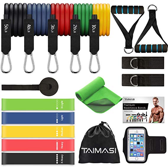 TAIMASI 19PCS Resistance Bands Set Workout Bands, 5 Stackable Exercise Bands with Handles, 5 Resistance Loop Bands, Cooling Towel, Sports Armband, Carry Bag, Guide Book, Ankle Straps, Door Anchor
